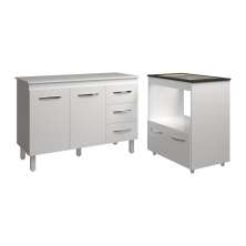 Balcão Armário Gabinete Bruna 118 cm com Tampo Tampão e Balcão Evelyn para Cooktop 4 Bocas Branco 