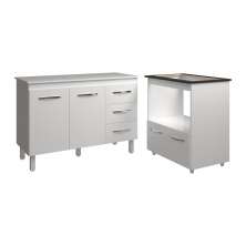 Balcão Armário Gabinete Bruna 118 cm com Tampo Tampão e Balcão Evelyn para Cooktop 5 Bocas Branco 