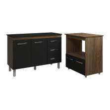 Balcão Armário Gabinete Bruna 118 cm com Tampo e Balcão Amanda para Forno e Microondas Savana Preto 