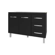 Balcão Armário Gabinete Para Pia de Cozinha 118 cm Bruna 2 Portas e 3 Gaveta Preto 