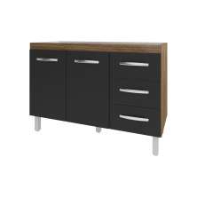 Balcão Armário Gabinete Para Pia de Cozinha 118 cm Bruna 2 Portas e 3 Gaveta Savana Preto 