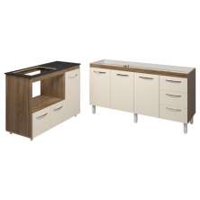 Balcão Armário Gabinete de Pia 150 cm Deise e Balcão Alana Para Fogão Cooktop 4 Bocas e Forno Elétrico Savana Off White 