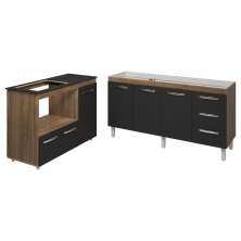 Balcão Armário Gabinete de Pia 150 cm Deise e Balcão Alana Para Fogão Cooktop 4 Bocas e Forno Elétrico Savana Preto 