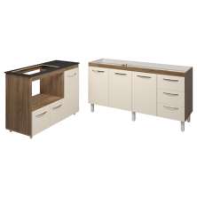 Balcão Armário Gabinete de Pia 150 cm Deise e Balcão Alana Para Fogão Cooktop 5 Bocas e Forno Elétrico Savana Off White 