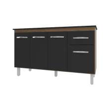 Balcão Cozinha Armário Gabinete Camila Savana Preto Com Tampo Tampão 140 cm Mobília Decor Preto 