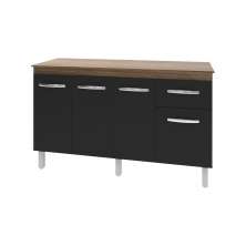 Balcão Cozinha Armário Gabinete Camila Savana Preto Com Tampo Tampão 140 cm Mobília Decor Savana 