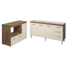 Balcão Cozinha Armário Gabinete de Pia 150 cm Deise e Balcão Lilian Para Microondas e Forno Elétrico Savana Off White 