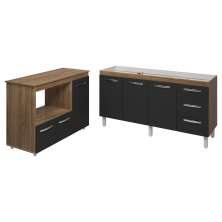 Balcão Cozinha Armário Gabinete de Pia 150 cm Deise e Balcão Lilian Para Microondas e Forno Elétrico Savana Preto 