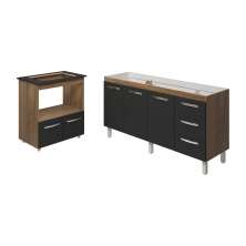 Balcão Cozinha Armário Gabinete de Pia 160 cm Estela e Balcão para Fogão Cooktop 4 Bocas Evelyn Savana Preto 