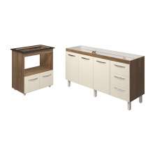 Balcão Cozinha Armário Gabinete de Pia 160 cm Estela e Balcão para Fogão Cooktop 5 Bocas Evelyn Savana Off White 