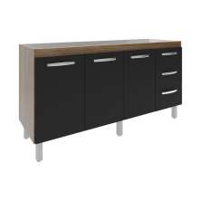 Balcão Cozinha Armário Gabinete para Pia 157 cm 3 Portas e 3 Gavetas Estela Savana Preto 
