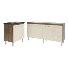 Balcão Cozinha Gabinete Para Pia 138 cm Carine e Balcão Fran Para Cooktop 5 Bocas Savana Off White 