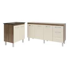 Balcão Cozinha Gabinete Para Pia 138 cm Carine e Balcão Para Cooktop 4 Bocas Fran Savana Off White 
