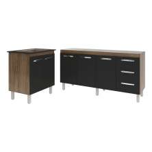 Balcão Cozinha Gabinete Para Pia 138 cm Carine e Balcão Para Cooktop 4 Bocas Fran Savana Preto 