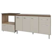 Balcão Cozinha Gabinete de Pia 140cm Camila e Balcão Evelyn Para Fogão Cooktop 4 Bocas e Forno Elétrico Savana Off White 