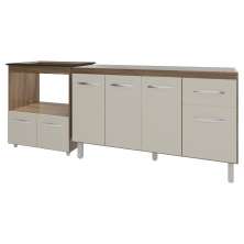 Balcão Cozinha Gabinete de Pia 140cm Camila e Balcão Evelyn Para Fogão Cooktop 5 Bocas e Forno Elétrico Savana Off White 