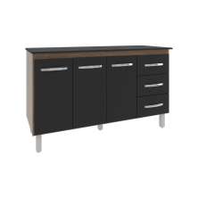 Balcão Gabinete Armário Cozinha Carine Savana Preto com Tampo Tampão 140 cm Mobília Decor Preto 
