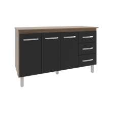 Balcão Gabinete Armário Cozinha Carine Savana Preto com Tampo Tampão 140 cm Mobília Decor Savana 