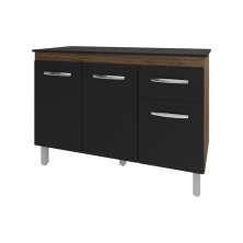 Balcão Gabinete Para Pia 118 cm Cozinha Aline Savana Preto com Tampo Tampão 120 cm Preto 