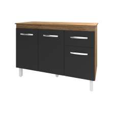 Balcão Gabinete Para Pia 118 cm Cozinha Aline Savana Preto com Tampo Tampão 120 cm Savana 