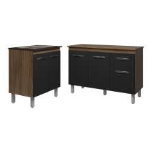 Balcão Para Cooktop 4 Bocas Fran e Armário Aline 118 cm Cozinha Gabinete Savana Preto com Tampo Tampão Savana 