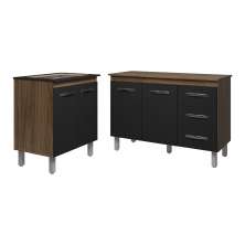 Balcão Para Cooktop 4 Bocas Fran e Armário Bruna 118 cm Cozinha Gabinete Savana Preto com Tampo Tampão Savana 