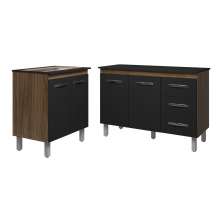 Balcão Para Cooktop 5 Bocas Fran e Armário Bruna 118 cm Cozinha Gabinete Savana Preto com Tampo Tampão Preto 