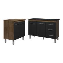 Balcão Para Microondas ou Forno e Armário Bruna 118 cm Cozinha Gabinete Savana Preto com Tampo Tampão Preto 
