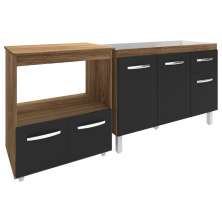Cozinha Armário Balcão Gabinete de Pia Aline 120 cm e Balcão Amanda para Microondas e Forno Elétrico Savana Preto 