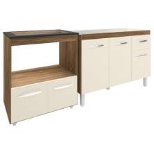Cozinha Armário Balcão Gabinete de Pia Aline 120 cm e Balcão Evelyn para Fogão Cooktop 4 Bocas e Forno Savana Off White 