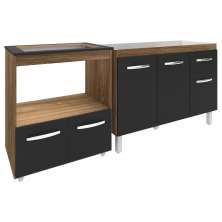 Cozinha Armário Balcão Gabinete de Pia Aline 120 cm e Balcão Evelyn para Fogão Cooktop 4 Bocas e Forno Savana Preto 
