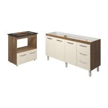 Cozinha Balcão Armário Gabinete de Pia 150 cm Deise e Balcão Evelyn para Fogão Cooktop 4 Bocas Savana Off White 