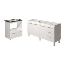 Cozinha Balcão Armário Gabinete de Pia 150 cm Deise e Balcão Evelyn para Fogão Cooktop 5 Bocas Branco 