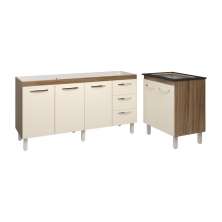 Cozinha Balcão Armário Gabinete de Pia 150 cm Deise e Balcão Fran para Fogão Cooktop 4 Bocas Savana Off White 