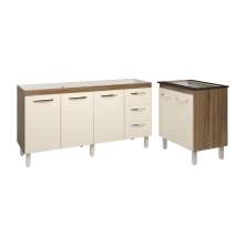 Cozinha Balcão Armário Gabinete de Pia 150 cm Deise e Balcão Fran para Fogão Cooktop 5 Bocas Savana Off White 
