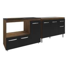 Gabinete Cozinha Armário Balcão de Pia 120 cm Aline e Balcão para Fogão Cooktop 4 Bocas e Forno Alana Savana Preto 