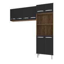 Kit Torre Quente Paneleiro 4 Portas 2 Nichos e Armário Suspenso Aéreo 4 Portas 118cm Modulado de Cozinha Savana Preto 