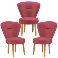 Conjunto 3 Poltronas Estofadas para Sala de Jantar Cozinha Recepção Pés de Madeira Tecido Veludo