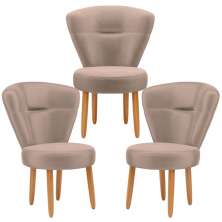 Conjunto 3 Poltronas Estofadas para Sala de Jantar Cozinha Recepção Pés de Madeira Tecido Veludo