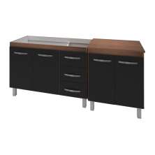 Armário Cozinha Gabinete Pia De 120 Cm Bianca Com Balcão Multiuso Micro-ondas Savana Frente Preta Serena 