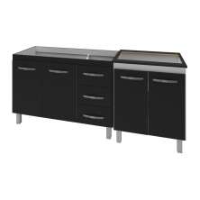 Armário Cozinha Gabinete Pia De 120 Cm Bianca Preto Com Balcão Cooktop 5 Bocas Branco Frente Preta Jade 