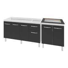 Armário Cozinha Gabinete Pia De 140 cm Camile Com Balcão Cooktop 4 Bocas Branco Frente Preta Jade 