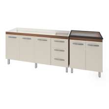 Armário Cozinha Gabinete Pia De 150 cm Diana Com Balcão Cooktop 5 Bocas Savana Frente Off-white Jade 