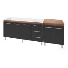 Armário Cozinha Gabinete Pia De 150 cm Diana Com Balcão Multiuso Micro-ondas Savana Frente Preta Serena 