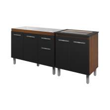 Armário Cozinha Gabinete pia de 120 cm com Balcão Cooktop 4 bocas Savana frente preta 