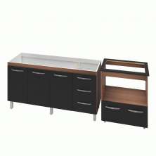 Armário Gabinete Balcão para Pia 138 cm Carina Balcão para Cooktop 5 Bocas Forno Elétrico Elisa Savana frente Preta 