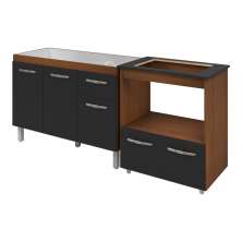 Armário Gabinete pia de 120 cm Anitta com Balcão Cooktop 4 bocas e Forno Elisa Savana frente preta 