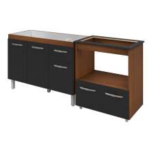 Armário Gabinete pia de 120 cm Anitta com Balcão Cooktop 5 bocas e Forno Elisa Savana frente preta 