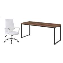 Conjunto de Mesa Kuadra Nogal e Preta com Cadeira de Escritório Diretor Giratória Cleaner Branca