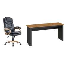 Conjunto de Mesa Liz Nogal e Grafite com Cadeira de Escritório Presidente Giratória com Relax Clark Preta e Dourada